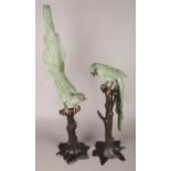 A pair of cold painted bronze parakeet statues on naturalistic bronze tree form bases. Tallest 86cm.