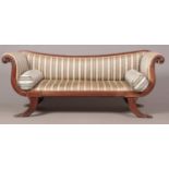 A Regency period carved mahogany parlour sofa with scroll arms. 79cm x 201cm x 68cm. Length of