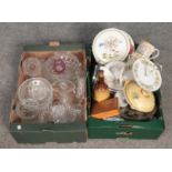 Two boxes of mixed glass and ceramics. Includes Colclough, Spode, cut glass etc.