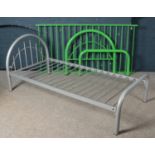 Two metal single beds. Including green and grey examples.