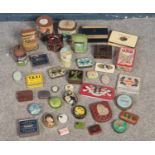 A box of vintage small tins. Including Van Dyck Cigars, Cadburys, Players cigarettes, Jacobs