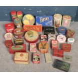 A box of vintage tins. Including Oxo, Tetley, Commemorative, C.W.S Biscuits, Christmas examples,