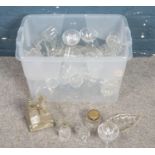 A box of mostly cut glassware. Including decanter, bowl, cruet set, etc.