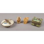 Four Oriental trinket dishes and two composite netsukes. To include two lidded trinket dishes with