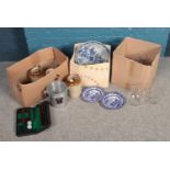 Three boxes of miscellaneous. To include Burleigh ware Willow pattern plates, Moet & Chandon