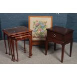 Three pieces of occasional furniture. Includes Stag Minstrel bed side chest, nest of three tables