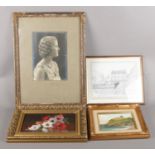 Four framed pictures. Including monochrome photograph of a young woman, oil painting of still life