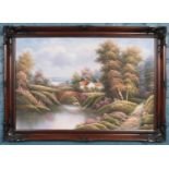 A large oil on canvas of a country house on the stream. Signed by the artist K. Roberts. Size of