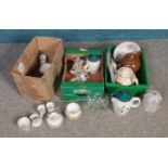 Three boxes of miscellaneous. To include Noritake, Denby teapots and a glass vintage shade etc.