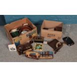 Two boxes of miscellaneous. To include a mock tortoise shell dressing table set, an oak crumb scoop,