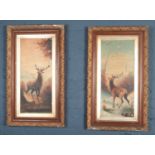 Two framed portrait oil on board paintings showing a pair of deer. Some paint flaking from both