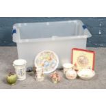A box of miscellaneous. Royal Doulton 'Bunnykins' money box, bowl, mug & (boxed) plate, Crown