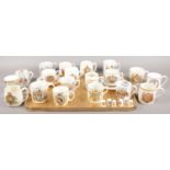 A tray of commemorative bone china. Includes antique Shelley example, trio, thimbles etc.