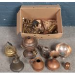 A box of metalwares. Including copper samovar, copper jugs, silver plated teapot, copper posser,