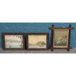 Three framed pictures. Including pair of oil on board boating scene examples, etc.