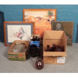 Three boxes of assorted glassware along with two prints and a frame needlework. To include clear and