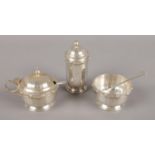 A three piece Aide Brothers condiment set. assayed for Birmingham, 1948. Total weight: 110g.