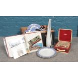 A box of miscellaneous. Losol Ware 'Doveridge' plates, Vidor 'My Lady Margaret' radio, vintage