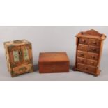 Three wooden boxes. Including Chinese style jewellery box with jadeite panels and gilt metal mounts,