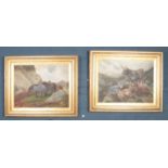 A pair of large, gilt framed oil on canvases depicting highland cattle and horses. Both signed by