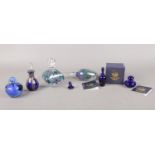 A selection of six scent bottles. To include two Bristol Blue bottles both signed by Peter