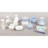 A quantity of Wedgwood & Aynsley ceramic's. Wedgwood blue Jasperware vases, trinket (boxed), pin