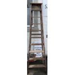 A large VINTAGE WOODEN A FRAMED set of ladders 9 step with a ‘rest step' at the top