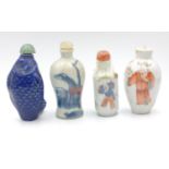 FOUR ANTIQUE ORIENTAL CERAMIC SNUFF BOTTLES, one painted with horses 7cm approx., two decorated