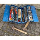 A VINTAGE concertina folding tool box FILLED with tools etc with a couple of hammers