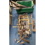 A very mixed box of VINTAGE HAND TOOLS, mainly for the carpentry trade to include, fret saws,
