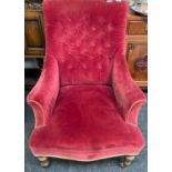 Small vintage RED VELVET chair with gold trim and button back, on castors, height approx 90cm,