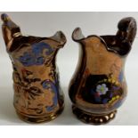 Two vintage LUSTRE CERAMIC JUGS one with a swan necked handle and a design of blue, white and