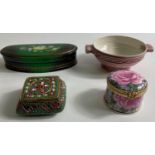 A mixed collection of boxes to include a FENTON CHINA trinket box with pink roses and gilt trim
