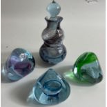 THREE CAITHNESS GLASS PEBBLES plus 1 perfume bottle (approx 13cm), small chip from rim and from