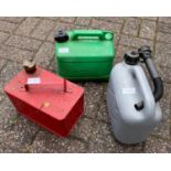A set of 3 petrol cans, 2 modern plastic and one a VINTAGE red tin gallon one ‘PETROLEUM SPIRIT ‘