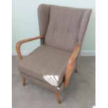 ERCOL inspired ( think ERCOL?) late c1960's armchair displaying beautiful PATINA wooden arms -