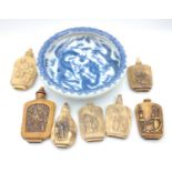 A lovely collection of seven vintage CHINESE CARVED SNUFF BOTTLES, each around 6cm tall, 5 of