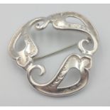 Hallmarked Edinburgh 1990 silver OLA GORIE tri-leaf brooch with scrolling design