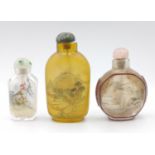 Three ANTIQUE delightful ORIENTAL hand-painted snuff bottles largest approx 7cm tall.