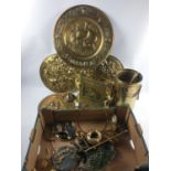 A large box of MIXED VINTAGE BRASS ITEMS to include 3 antique repousse brass wall plates, the