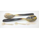 Two tiny MOTHER OF PEARL style condiment spoons and one in shovel form, with a pair of medium