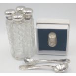 Nice collection to include set of 4 hallmarked London 1893 silver topped corner perfume bottles