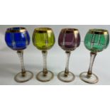 Four FINE tall WINE GLASSES (approx 22cm) in different jewel colours and gilt rims and stems -