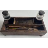 LATE VICTORIAN wooden INK WRITING SET with two lidded glass bottles for ink 30 x 13cm.