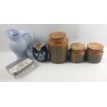 A vintage WADE REGICOR VAT 69 water jug, plus a set of vintage 1970s HORNSEA STORAGE JARS the