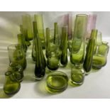 A large collection of GREEN GLASS to include vases, bowls etc, one wine bottle coaster has a small