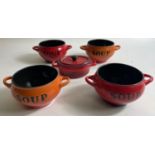 C1970's Four SOUP/NOODLES BOWLS from China Blue plus a mini lidded COCOTTE casserole dish (approx