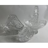 Two CRYSTAL FRUIT BASKETS with handles (27 and 20cm tall approx) plus 1 smaller BONBON BASKET