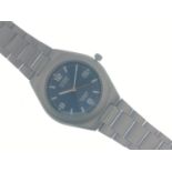 Gents CITIZEN eco-drive Titanium WR 100 blue faced wrist watch with date dial, matte grey casing