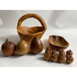 TREEN - a lovely turned basket (approx 20cm tall) with a collection of miniature wooden apples and